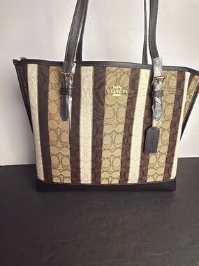 New COACH Mollie Stripe Signature Tote Bag in Brown/Cream With Like New Wallet